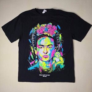 Frida Kahlo Cancun Mexico Graphic T-Shirt Black Neon Pop Art Monkey Mens L Large